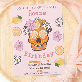 Invitación de cumpleaños al cráneo del azúcar rosa