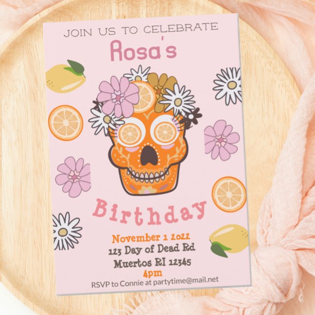 Invitación de cumpleaños al cráneo del azúcar rosa (Subido por el creador)