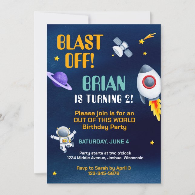 Invitación de cumpleaños al espacio exterior (Anverso)
