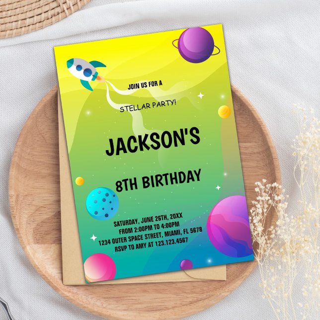 Invitación de cumpleaños al espacio exterior amari (Yellow Green Outer Space Birthday Invitations)