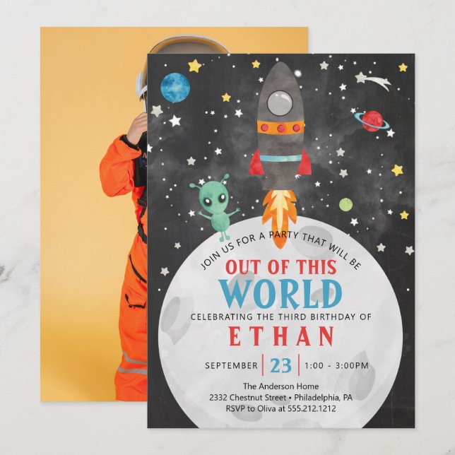 Invitación de cumpleaños al espacio exterior cualq (Anverso / Reverso)