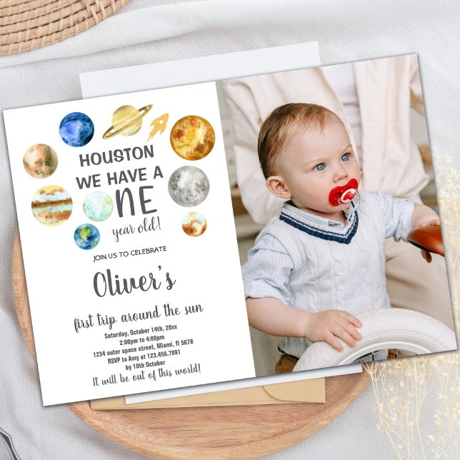 Invitación de cumpleaños al espacio exterior de Ho (Houston Outer Space Birthday Invitations w photo)