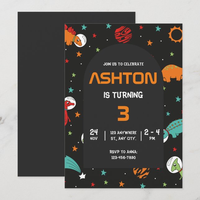 Invitación de cumpleaños al espacio exterior, niño (Anverso / Reverso)