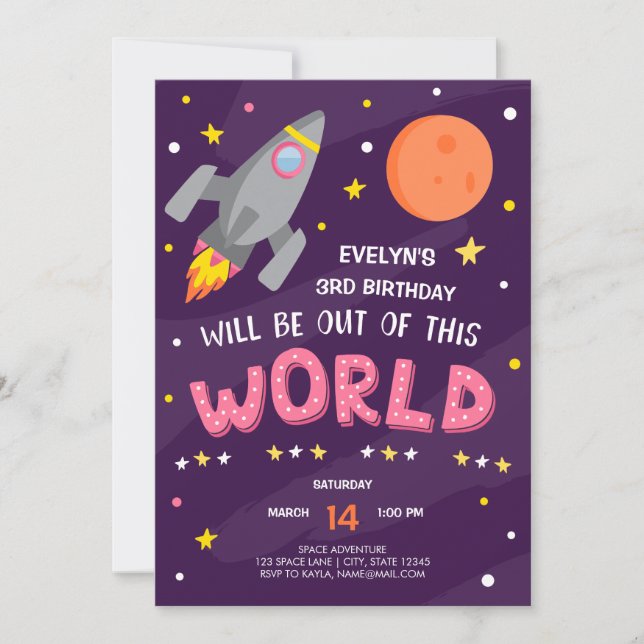 Invitación de cumpleaños al espacio exterior púrpu (Anverso)