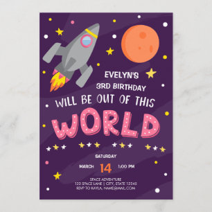 Invitación de cumpleaños al espacio exterior púrpu