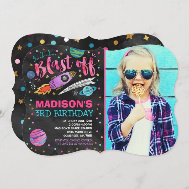 Invitación de cumpleaños al espacio Fiesta del esp (Anverso / Reverso)