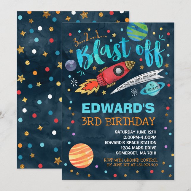 Invitación de cumpleaños al espacio Fiesta del esp (Anverso / Reverso)