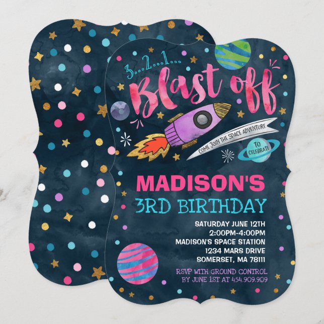 Invitación de cumpleaños al espacio Fiesta del esp (Anverso / Reverso)