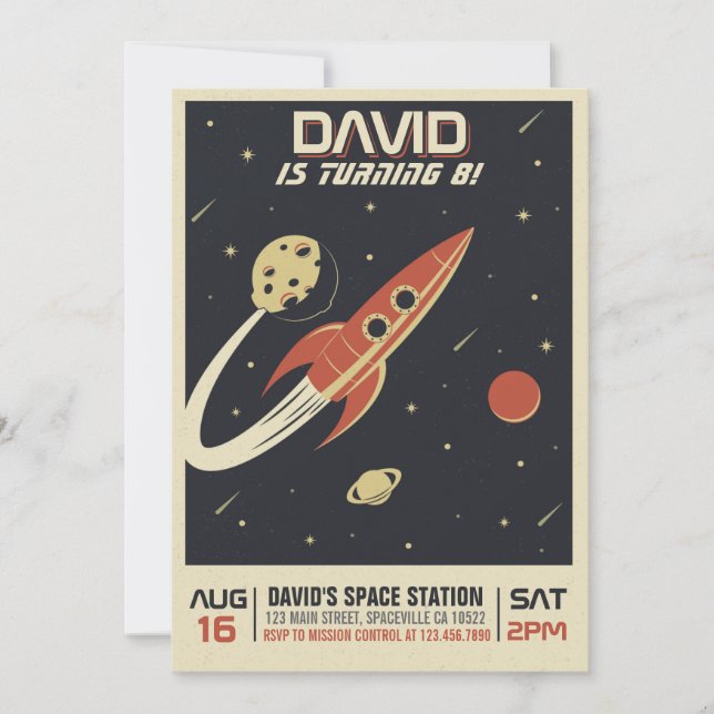Invitación de cumpleaños al espacio retro (Anverso)
