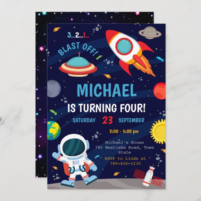 Invitación de cumpleaños al espacio ultraterrestre (Anverso / Reverso)