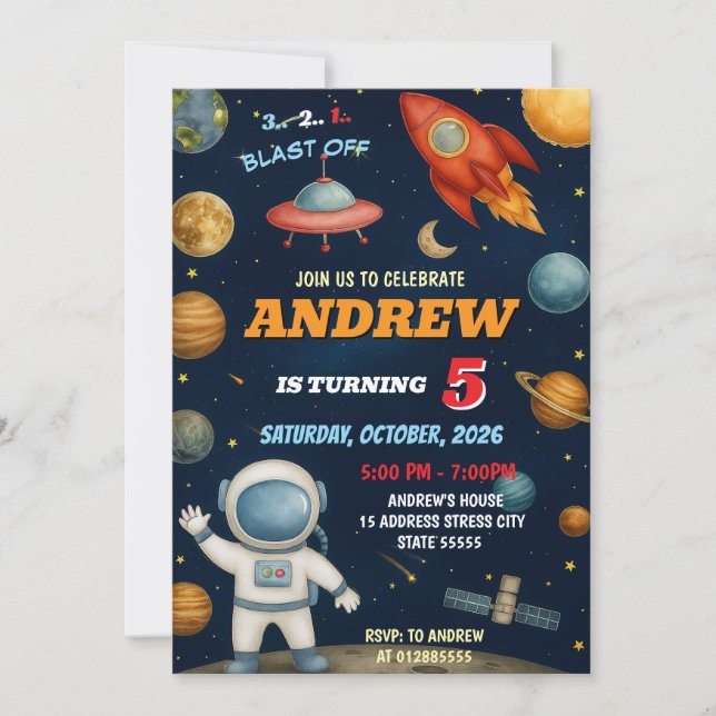 Invitación de cumpleaños al espacio ultraterrestre (Anverso)