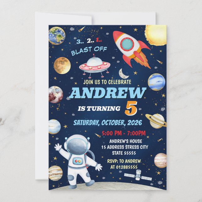 Invitación de cumpleaños al espacio ultraterrestre (Anverso)