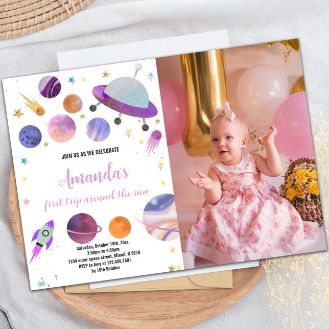 Invitación de cumpleaños al espacio ultraterrestre (Purple Outer Space Birthday Invitations with photo)