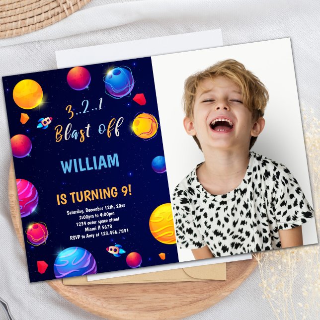 Invitación de cumpleaños al espacio ultraterrestre (Orange Planet Outer Space Birthday Invitations pho)