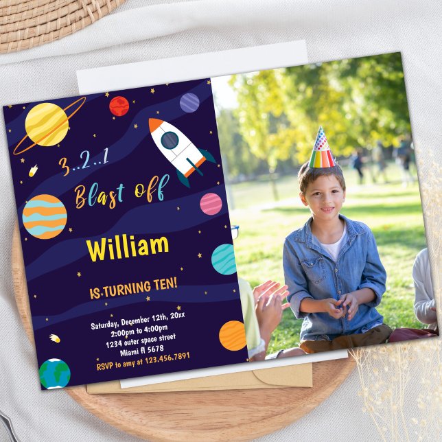 Invitación de cumpleaños al espacio ultraterrestre (White Rocket Outer Space Birthday Invitations phot)