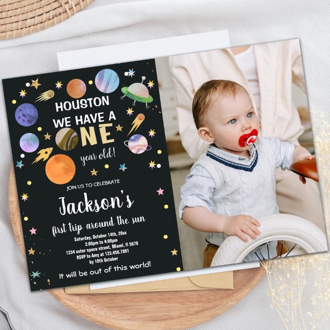 Invitación de cumpleaños al espacio ultraterrestre (Black Outer Space Birthday Invitations with photo)