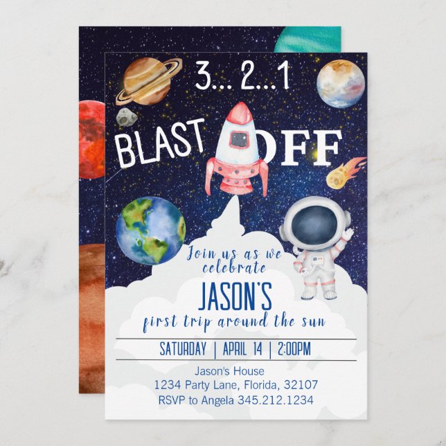 Invitación de cumpleaños al espacio ultraterrestre (Anverso / Reverso)