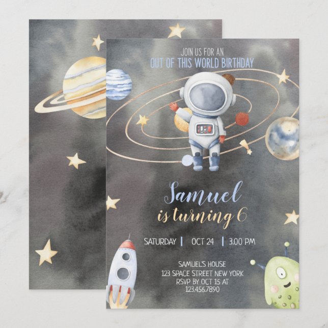 Invitación de cumpleaños al espacio ultraterrestre (Anverso / Reverso)