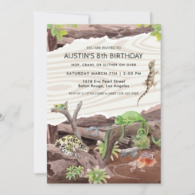Invitación de cumpleaños al espectáculo de reptile (Anverso)