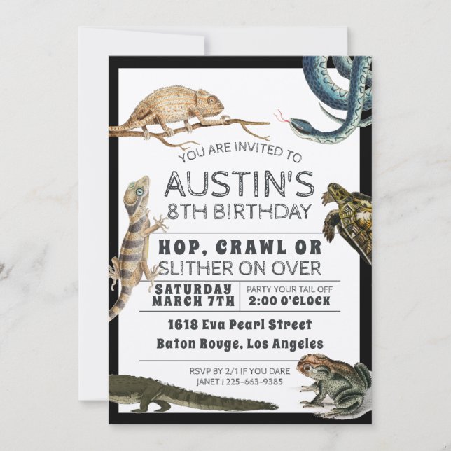 Invitación de cumpleaños al espectáculo de reptile (Anverso)