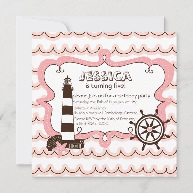 Invitación de cumpleaños al faro náutico rosado (Anverso)