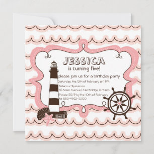 Invitación de cumpleaños al faro náutico rosado