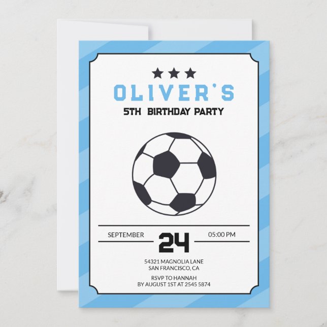 Invitación de cumpleaños al fútbol básico azul (Anverso)