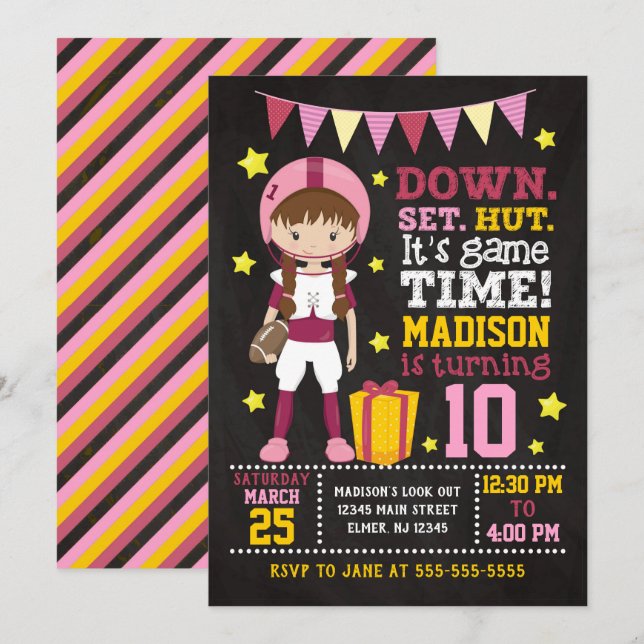 Invitación de cumpleaños al fútbol Chica (Anverso / Reverso)