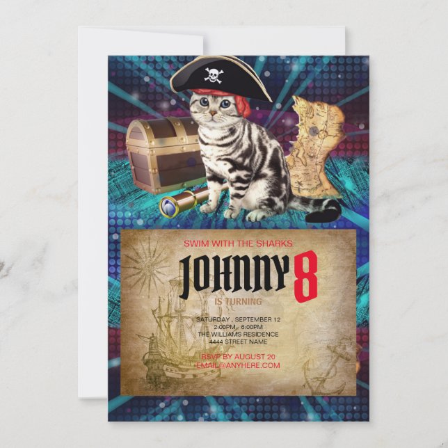 Invitación de cumpleaños al gato pirata (Anverso)