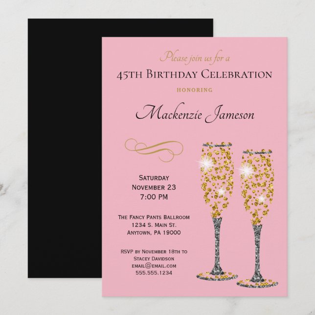 Invitación de cumpleaños al Glam de Champagne Oro  (Anverso / Reverso)