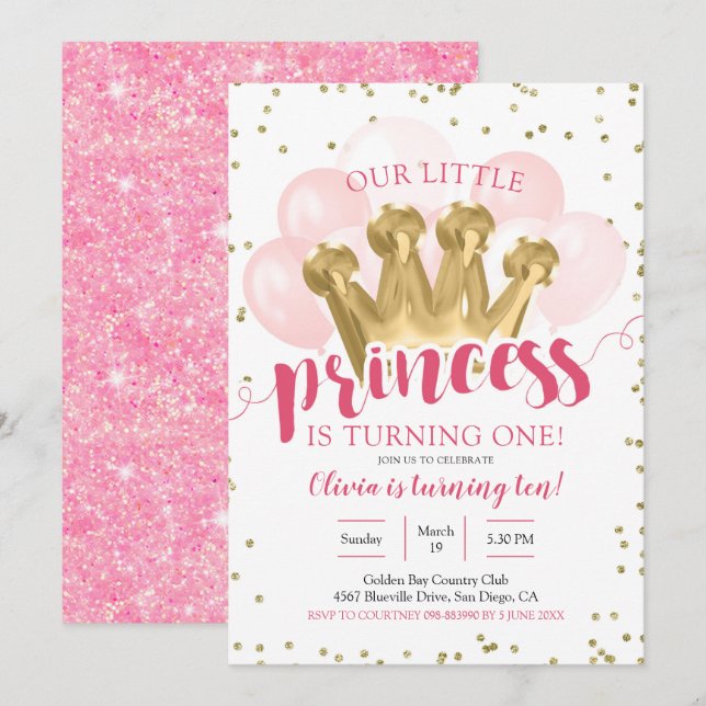 Invitación de cumpleaños al globo de princesa rosa (Anverso / Reverso)