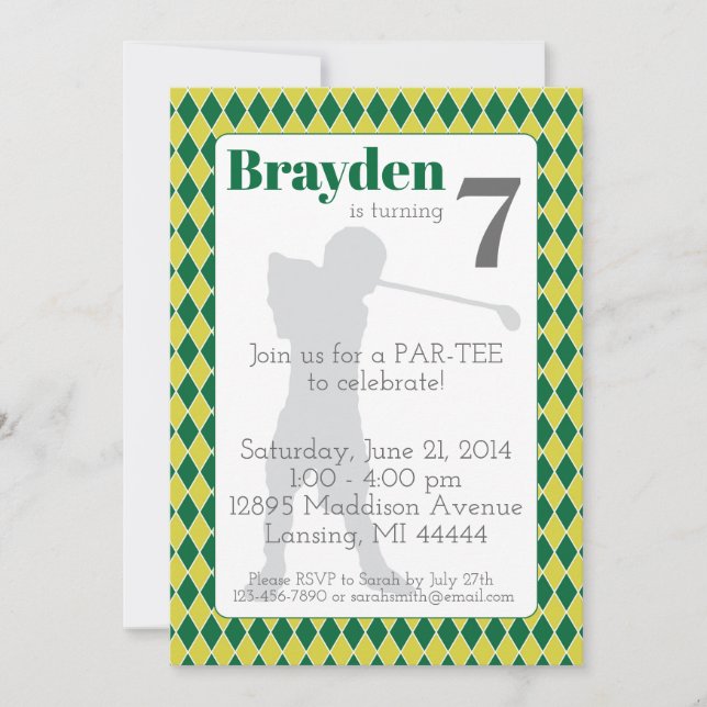 Invitación de cumpleaños al Golf Green Argyle (Anverso)