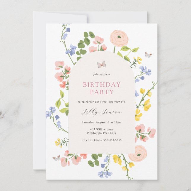 Invitación de cumpleaños al jardín de flores silve (Anverso)
