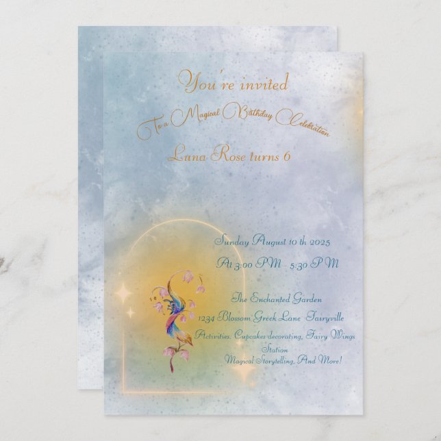 Invitación de cumpleaños al jardín de hadas mágica (Anverso / Reverso)