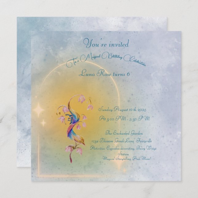 Invitación de cumpleaños al jardín de hadas mágica (Anverso / Reverso)