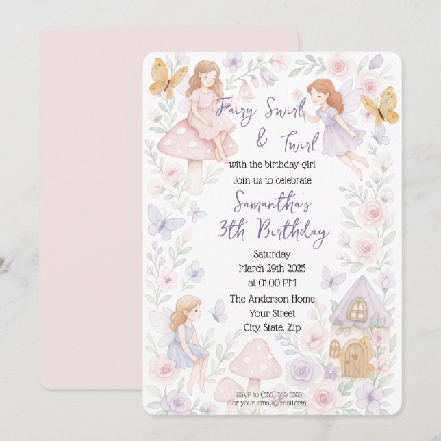 Invitación de cumpleaños al jardín de hadas mágica (Anverso / Reverso)