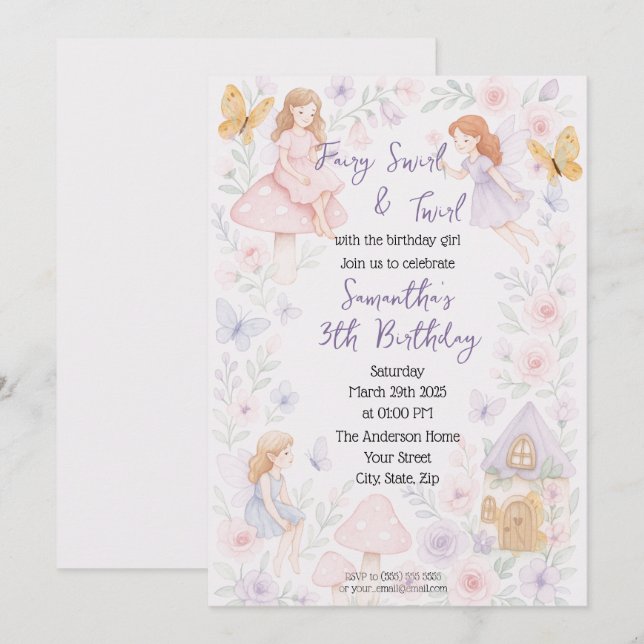 Invitación de cumpleaños al jardín de hadas mágica (Anverso / Reverso)