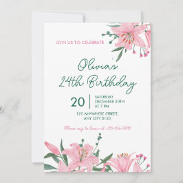 Invitación de cumpleaños al jardín de lirios rosad