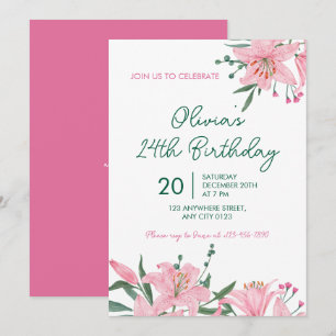 Invitación de cumpleaños al jardín de lirios rosad