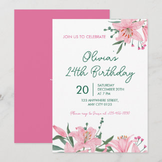 Invitación de cumpleaños al jardín de lirios rosad