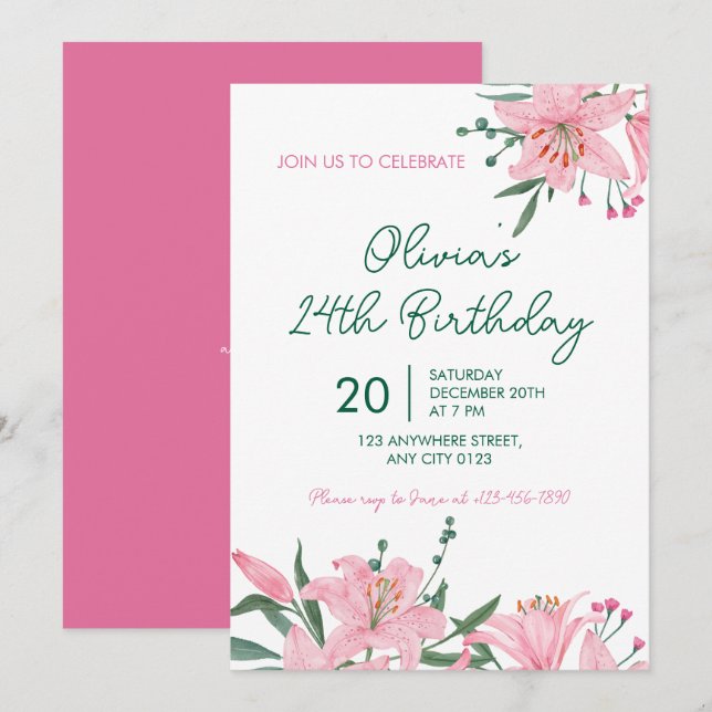 Invitación de cumpleaños al jardín de lirios rosad (Anverso / Reverso)