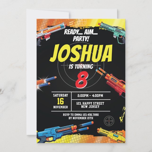 Invitación de cumpleaños al juego de armas de Dart (Anverso)