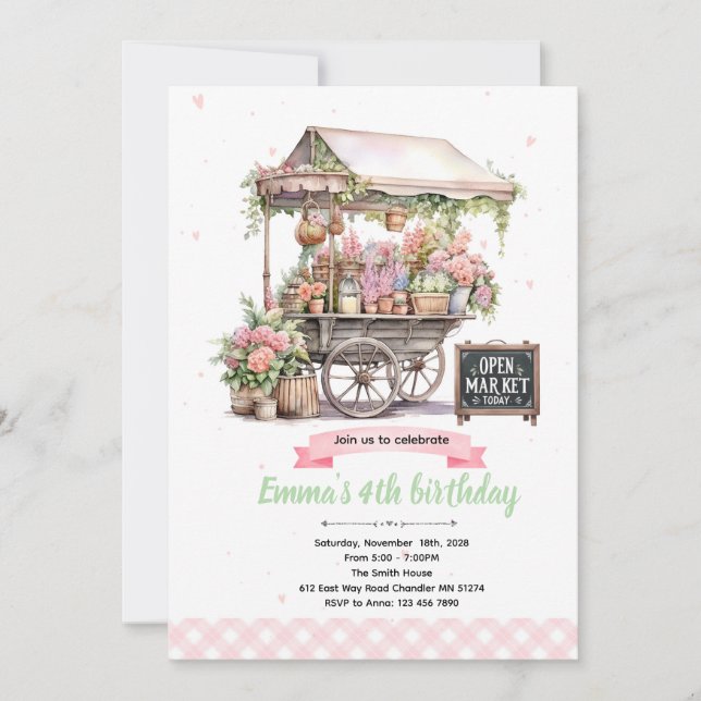 invitación de cumpleaños al mercado de flores (Anverso)
