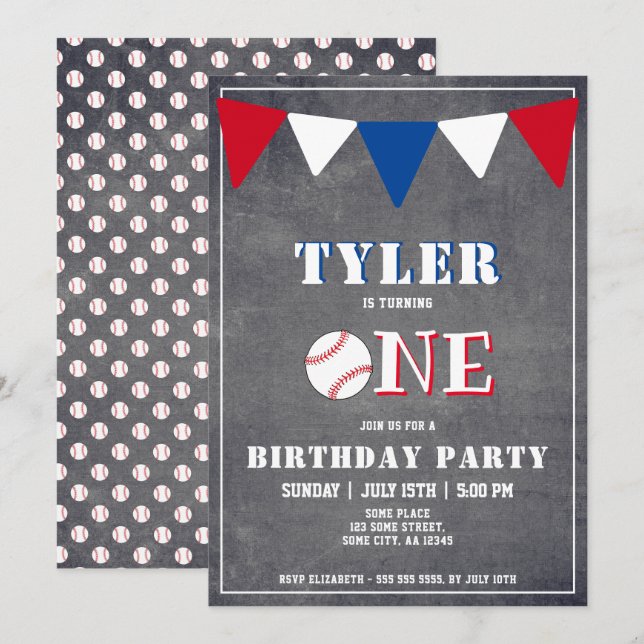 Invitación de cumpleaños al niño de béisbol (Anverso / Reverso)