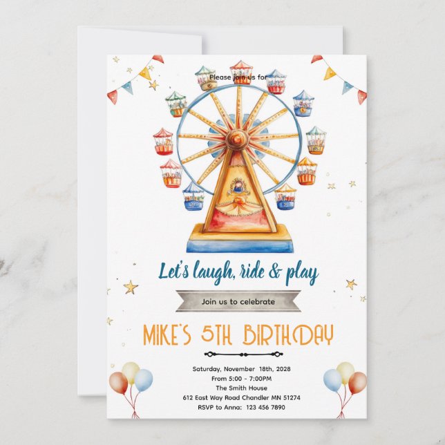 Invitación de cumpleaños al parque de diversiones (Anverso)