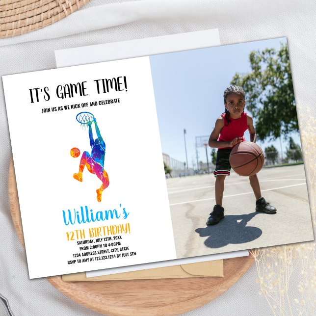 Invitación de cumpleaños al partido de baloncesto (It's a Game Time Basketball Invitations w photo)