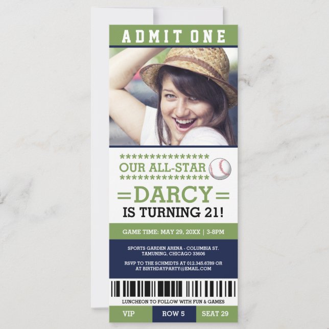 Invitación de cumpleaños al partido de béisbol Tic (Anverso)