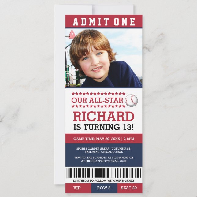 Invitación de cumpleaños al partido de béisbol Tic (Anverso)