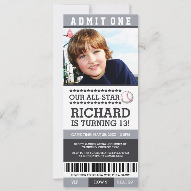Invitación de cumpleaños al partido de béisbol Tic (Anverso)