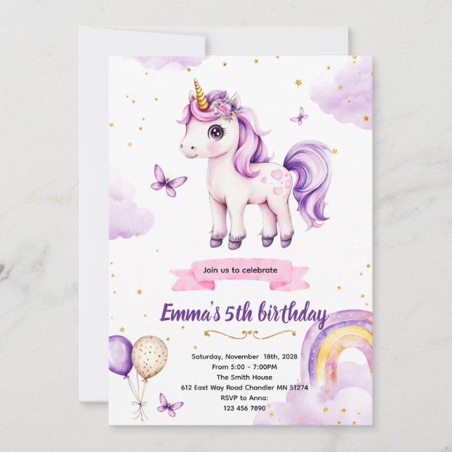 invitación de cumpleaños al partido del unicornio  (Anverso)